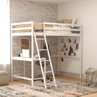 Flash Furniture MH-LBD5-WH-T-GG Riley Loft Bed Frame with Desk, Twin Size Wooden Bed Frame with Protective Guard Rails & Ladder for Kids, Teens and Adults - White